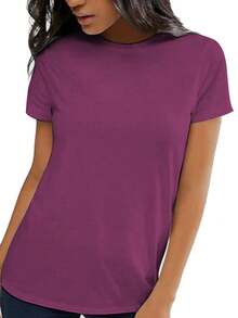 Huskary Womens Short Sleeve Basic Shirts Crewneck Tees Loose Fit Fashion Tops Casual Summer Clothes - Màu tím - Xem 3