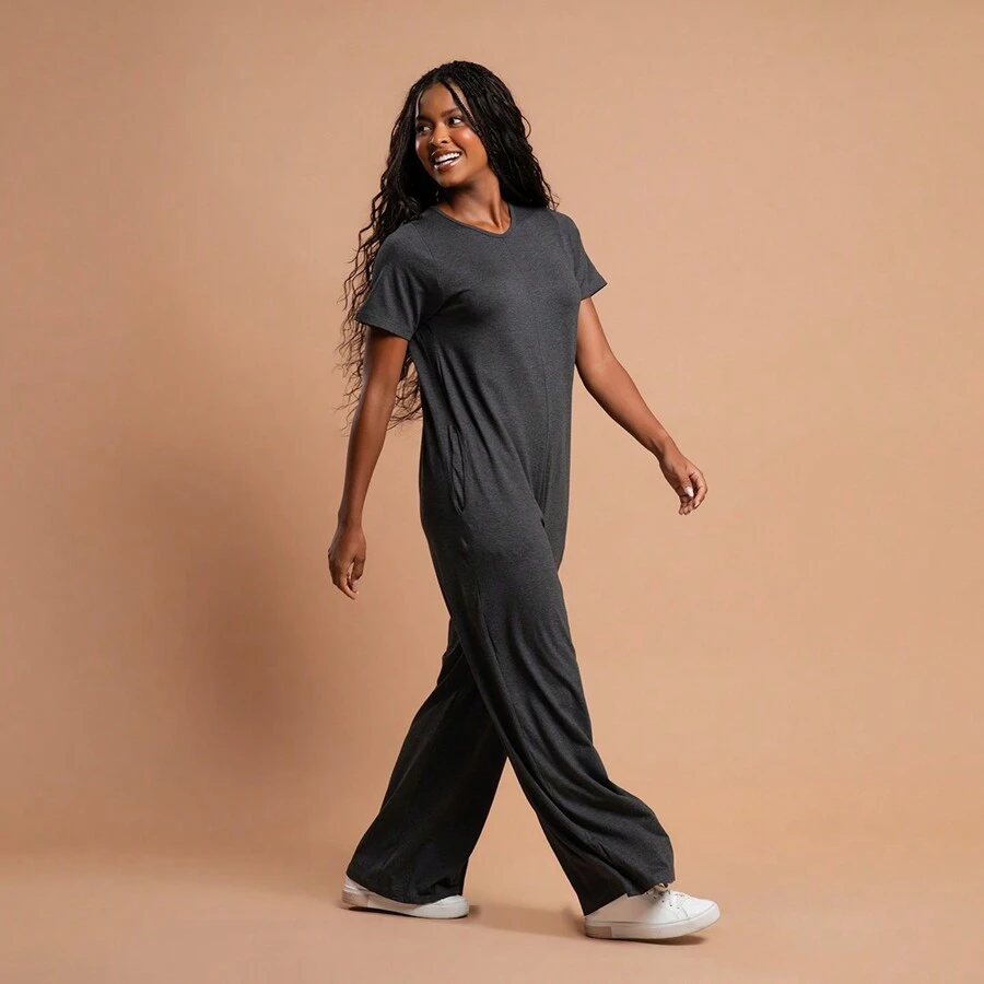 Women's Casual Loose Short Sleeve Wide Leg Jumpsuit Romper - 石墨 - 查看 1