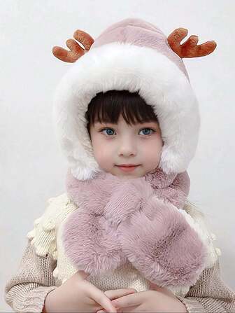 秋冬儿童毛绒保暖鹿角帽，可爱鹿元素设计帽子围巾组合，厚实保暖一体式婴儿帽，休闲百搭保暖舒适，流行日常装，婴儿毛绒帽子