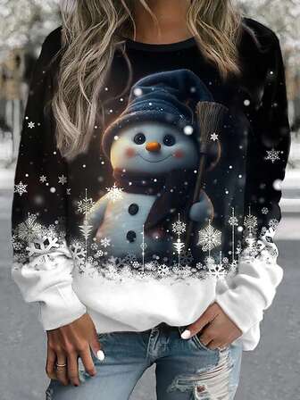 Estilo de vacaciones casual y elegante, abrigo versátil y ajustado para mujer para exteriores, hogar, viajes y trabajo, con un suéter de cuello redondo con estampado lindo de muñeco de nieve, adecuado para otoño/invierno y Navidad