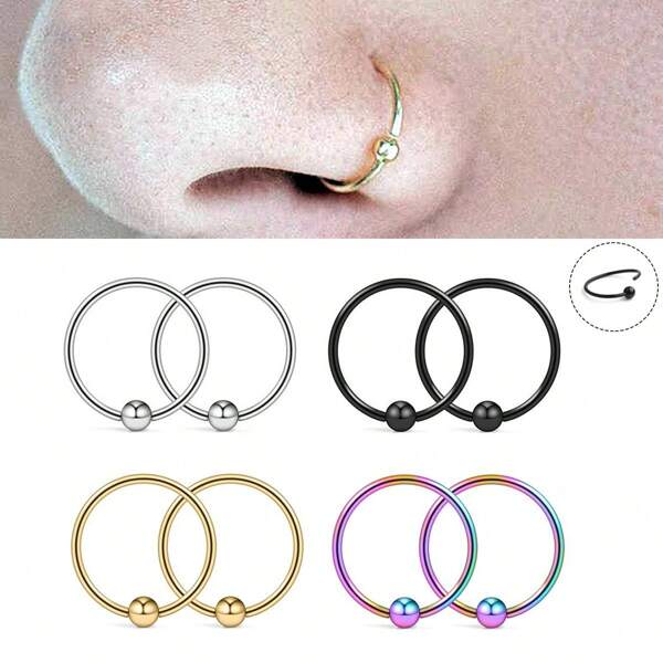ADYJELY 2-8 pezzi Anelli per naso a cerchio 20G in acciaio inossidabile ipoallergenico sottile, orecchini cartilaginei, anelli a palla cautiva placcati in oro 18 carati per anelli per setto nasale, piercing al labbro, elicoide dell'orecchio, gioielli per piercing al corpo delle donne