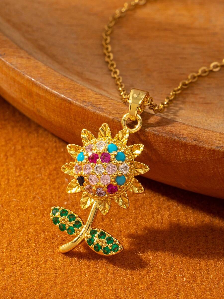 1 chiếc vòng cổ hoa hướng dương sang trọng của Hàn Quốc, đồng mạ vàng 18K khảm đá Rhinestone, vòng cổ choker thiết kế cá nhân, dành cho nữ - Vàng - Xem 1