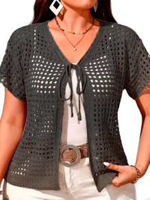 Plus Size Beachwear Beach Cover-Up Summer Blouse Light Coat Open Cardigan - Black - View 1