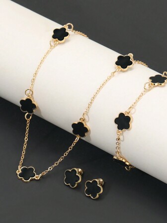 Juego de joyería de 4 piezas con flor de cinco hojas, estilo retro, gota de aceite, collar, pulsera, pulsera, pendientes, regalo del Día de San Valentín