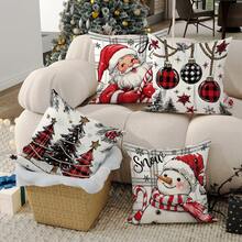 4 件圣诞装饰品圣诞老人雪人球树拐杖糖天鹅绒抱枕套可爱红黑色舒适柔软装饰枕套单面印花 18 英寸 * 18 英寸 适合圣诞节礼物冬季客厅卧室沙发床装饰无枕芯 - 紅色 - 查看 5