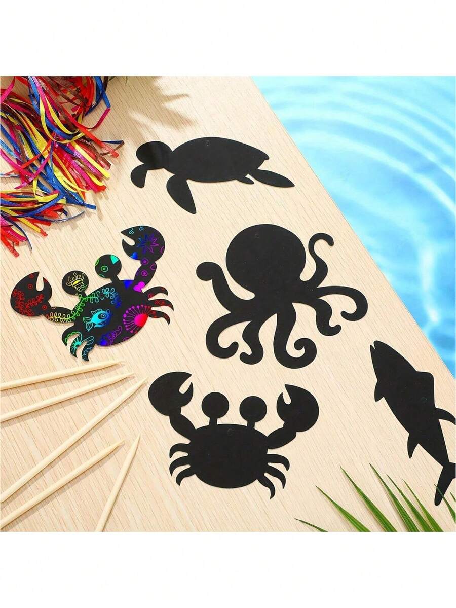 48Piece Sea Life ScratchArt Set With Sticks And Ribbons Papercraft