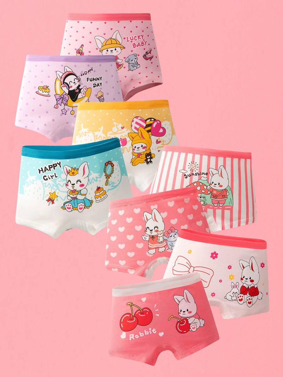 Young Girls Cartoon Rabbit Print Girls Multi-Color Boxers 8 Pairs, Comfortable And Soft Toddler Boxer Briefs Four Seasons Without