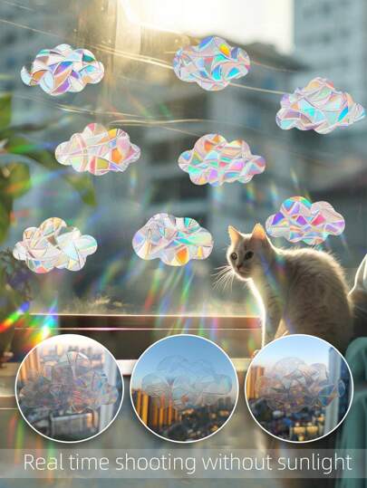 8pcs/Set New Sparkling Colorful Cloud Window Stickers, Rainbow Prism Stained Glass Sticker, Iridescent Bird Anti-Collision Suncatcher Window Decals