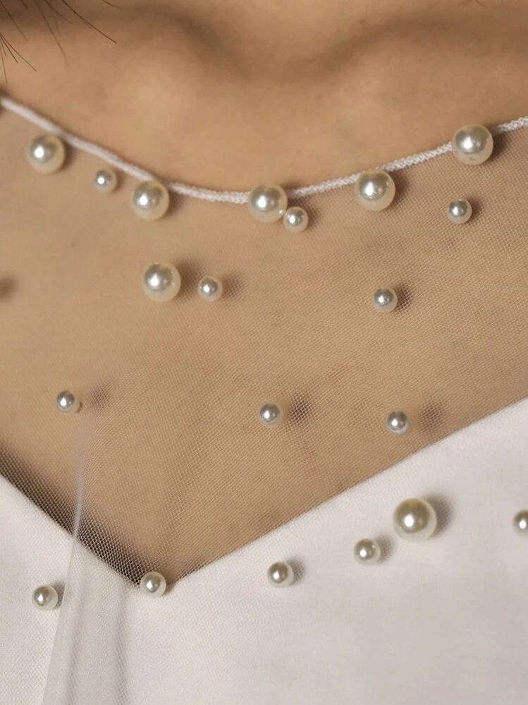 Châle de perles de mariée court pour couvrir les épaules, en tulle doux, accessoire de mariage classique, convient pour un mariage extérieur avec une robe de mariée coupe sirène - blanc crème - Voir 1