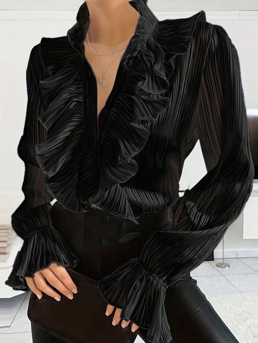 1pc Elegant Floral Trim Collar, Cuff And Chest Design Shirt, Suitable For Commuting, Spring/Summer - Black - View 1