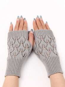 1 双带字母标签的别致叶子图案针织手套 - 温暖、有弹性的无指设计，适合女性冬季外出 - 彩色 - 查看 11