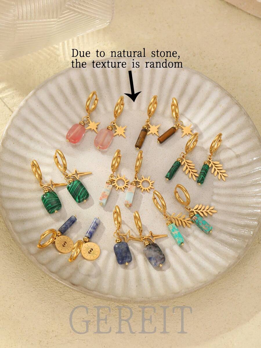 GEREIT1PairVintage18KStainlessSteelNaturalStoneSunburstWheatEarrings,SuitableForWomen