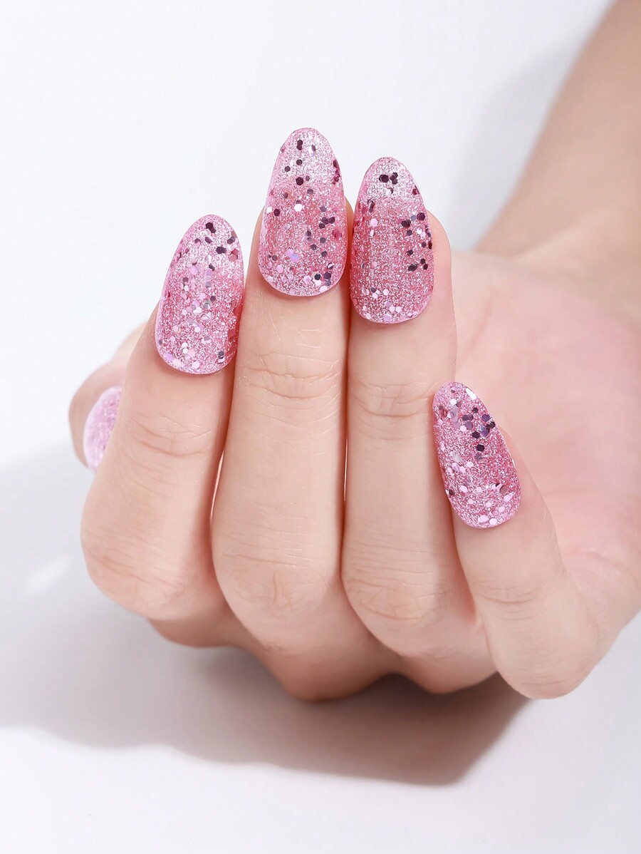 Beauty Sticker 16pcs Semi Cure Gel Nail Strips, Pink Nail Shine Glitter