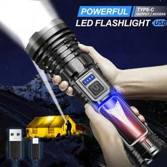 KENSUN 1pc High Strong Power Led Flashlights 2000LM Tactical Torch With Display Light USB Charging Camping Fishing Emergency Zoom Lantern, Camping Accessories
