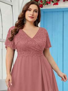 Große Größen Kleid im V-Ausschnitt mit kontrastierendem floralem Spitzenbesatz, Chiffon Wickelsaum, Formelles Kleid, Party Kleid, Hochzeitsgast Kleid, Abendkleid, Abendrobe