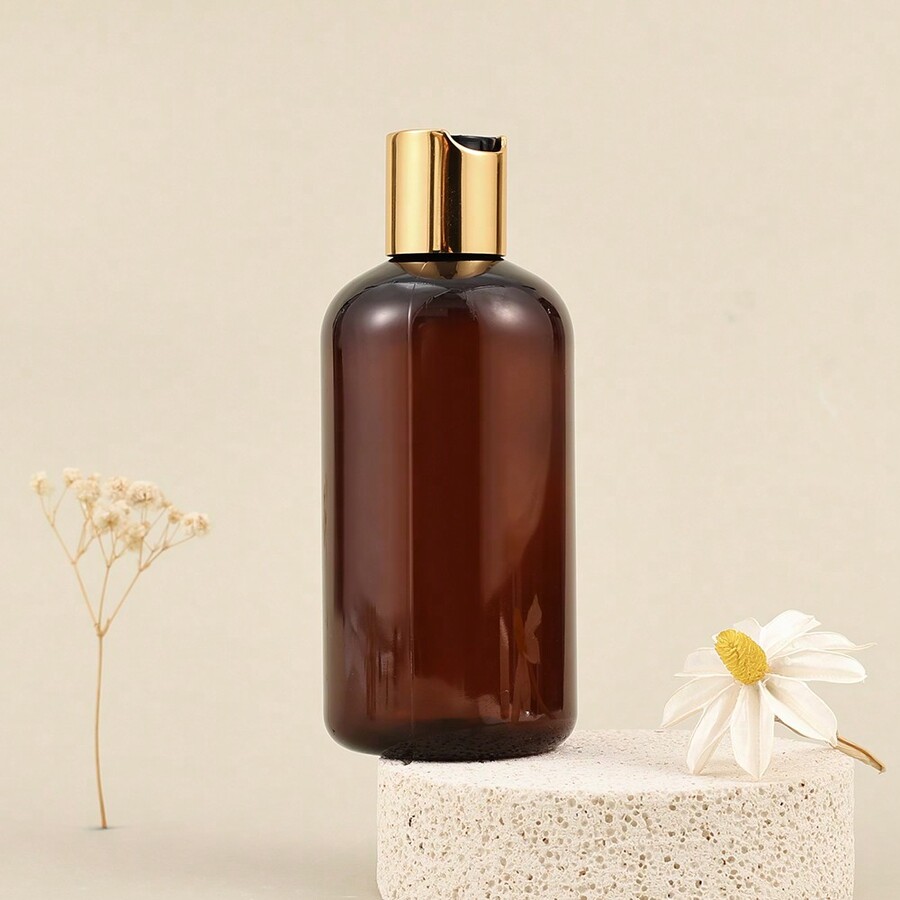 1pc 250ml Empty Brown Plastic Travel Bottles With Gold Disc Top Flip