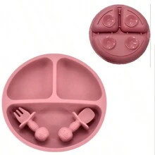 Bneseus 3pcs Silicone Baby Plate Set With Smiling Face Design, Non-Slip Toddler Divided Plate, Fork And Spoon For Dishwasher And Microwave, Suitable For 0-3 Years Old Children
