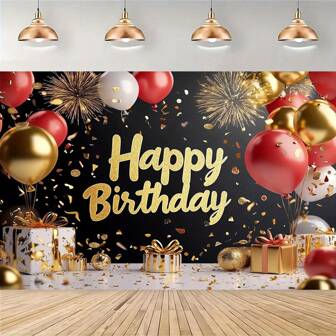 1pc Birthday Party Backdrop Decoration Banner, Golden & Red Balloon & Gift Pattern Design, For Birthday, Studio Photography & Multi-Purpose Spring/Summer Hanging Decor - No Power Needed, Home Decor, Party Decor, Birthday Cake Table Supplies, Poster Hanging Banner, Vinyl Decor, Photo Studio Prop, 150cm/59in*100cm/39in, 210cm/82.6in*150cm/59in