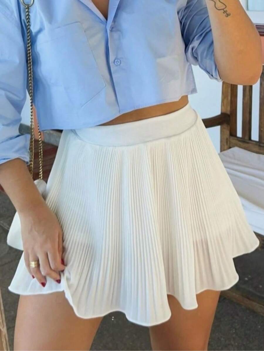 Shorts Skirt Pleated Short Round Loose High Waist Outfit Look Women's Fashion Spring Summer - trắng - Xem 1