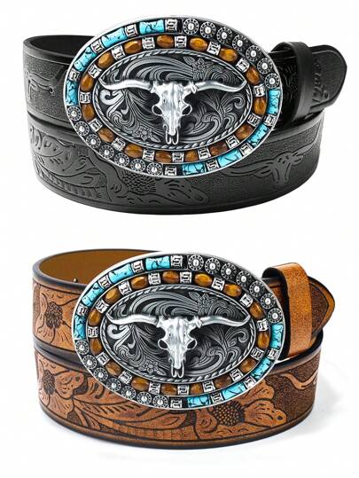 1 Peça Fivela de Cinto de Estilo Cowboy Ocidental, Design de Cabeça de Touro Decorado com Cristal Grande de Resina, Fivela Suave, Padrões Impressos, Estilo de Orifício Redondo Boho Halloween Verão, Escola Casual, Negócios, Namorado Marido Pai Presente para Homens, Uso Diário, Moda, Adolescente, Ar Livre, Férias, Atlético, Viagem, Rua, Boho, Outono Vintage, Outono, Acessórios de Outono-Inverno Halloween