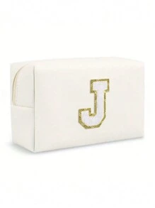 Borsa da trucco ottagonale da donna in PU con lettere, borsa cosmetica portatile in chenille con lettera iniziale in PU, impermeabile, per il viaggio, con cerniera, adatta per la decorazione della casa in autunno, atmosfera bohémien, vacanze, spiaggia, bagno, camera da letto, grande capacità