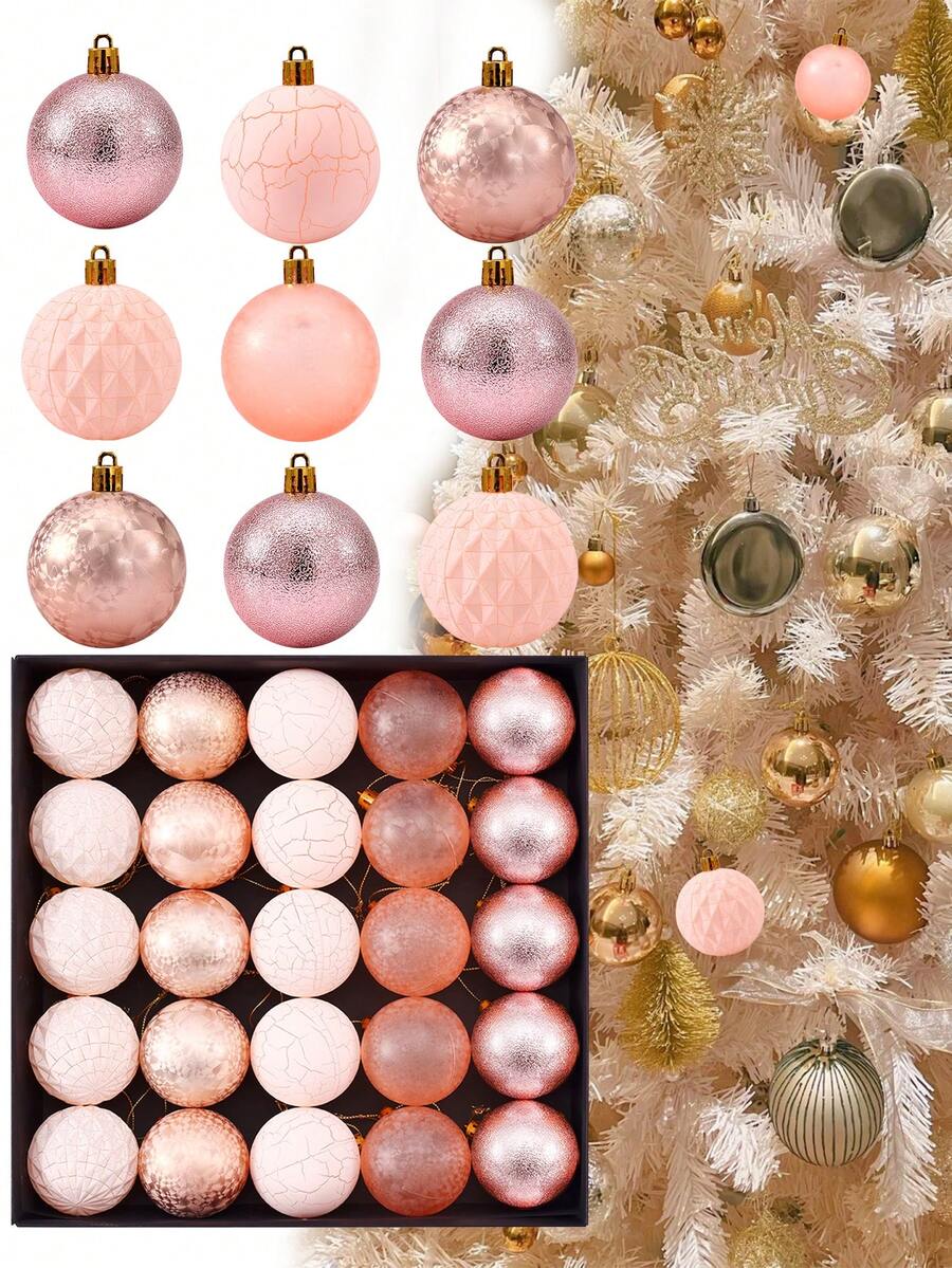 25 件/套圣诞球、装饰性圣诞树饰品、派对创意彩绘圣诞树装饰品、圣诞树、花环和圣诞装饰（香槟色 + 粉色） - 香檳色 - 查看 1