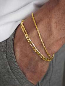 3 件/套男士朋克不锈钢吊坠项链，多层链式手链首饰套装，是送给男朋友、丈夫、爸爸的生日、节日、派对、圣诞节、情人节的绝佳礼物 - 金黃色 - 查看 3