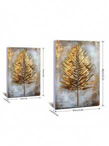 3pcs Golden Leaf And Feather Art Painting - Modern/Classic Style, Golden Color, Leaf Pattern, Ink On Canvas, Wood Frame, For Bedroom/Living Room/Home Office/Cafe/Bar, Indoor/Outdoor Wall Decoration, Vertical Orientation, Suitable For Summer/Autumn Season, Fashion Theme,Framed Poster/Art Print, Gifts Birthday Graduation