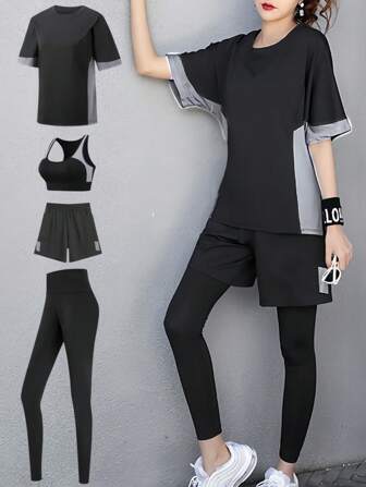 4 件套女士瑜伽文胸上衣、宽松 T 恤、紧身裤运动服套装、健身休闲装