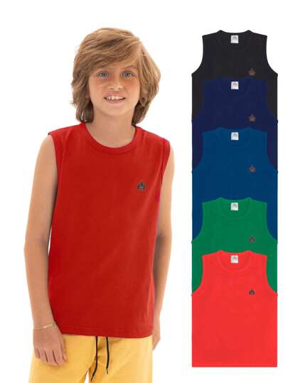 Kit Sortido 5 Regatas Infantil Menino Básica Lisa Tamanho 2 ao 12