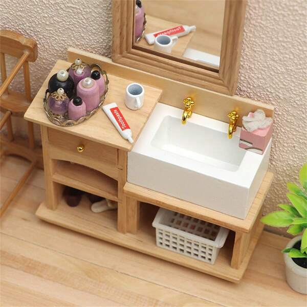 1pc 1:12 Doll House Bathroom Furniture Model, Wooden Vanity Sink + Cosmetic Set, Toys DIY Miniature Kit, Wooden Adult Furniture For Dollhouse, Miniature House Decor Accessories, Doll House Playset