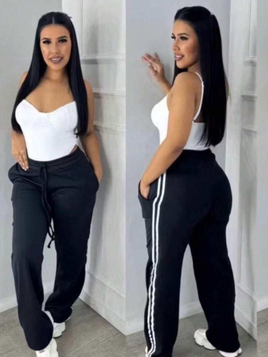 Women's Track Pants With Side Stripes In Duna Fabric - màu đen - Xem 1
