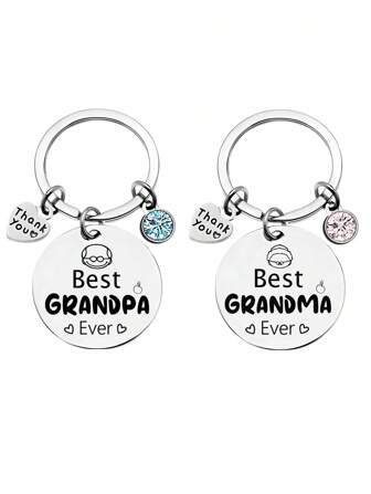 1 件肖像卡通英文文字“Best Grandma”或“Best Grandpa”不锈钢钥匙扣，适合感恩节送给祖父母、祖母和祖父的贴心小号汽车配件包魅力学校可爱哥特 Y2k 圣诞礼物创意