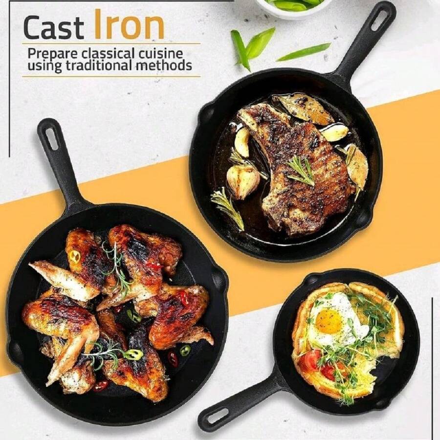 PreSeasoned Cast Iron Skillet Set 3Piece Frying Pan 6 Inch, 8 Lnch