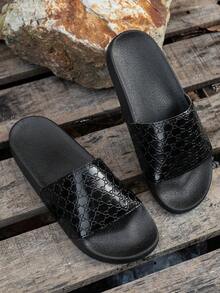 男女通用时尚休闲一脚蹬拖鞋，夏季室内/室外穿着，个性化卡通沙滩凉鞋，舒适防滑平底拖鞋，适合居家、淋浴 - 黑色 - 查看 1