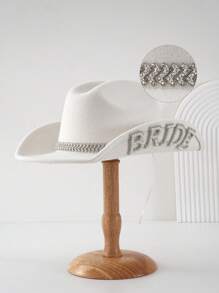 1PC Women's White Solid Color Shiny Wide-Brimmed Cowboy Hat. 2024 Wedding Essentials,Unique Luxurious Crystal Square Small Bright Diamond Colored Gemstone Paired Eye Shape With Faux Pearl Letter 'BRIDE' Bridal Hat.