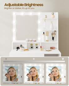 HEXCELEN Dressing Table, Dressing Table With 3 Shelves & 4 Open Compartments, Dressing Table With Large Drawer Cabinet, 3 Adjustable Lighting Intensities - White - View 2