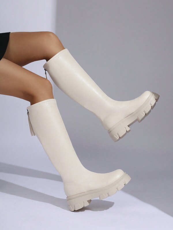 New Women High Boots, Elastic Thick Sole Chunky Heel Over-The-Knee Boots, Solid Color Versatile Minimalist Autumn/Winter Thermal Lined Riding Boots, Suitable For Daily, Campus, Outdoor Wear, Fashion Round Toe White Tall Boots