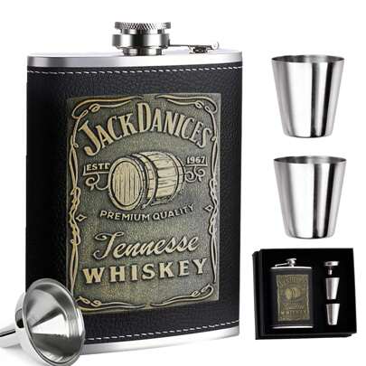 SHIXIONG Licorera de Bolsillo, 8 OZ Juego de Regalos para Hombre, Juego de Regalo de Anforas para Licor, 18/8 para Licor con 2 Tazas y Embudo, Regalo de Cumpleaños, Dia del padre para Papá