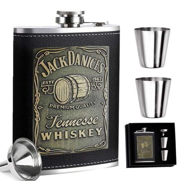 SHIXIONG Licorera de Bolsillo, 8 OZ Juego de Regalos para Hombre, Juego de Regalo de Anforas para Licor, 18/8 para Licor con 2 Tazas y Embudo, Regalo de Cumpleaños, Dia del padre para Papá