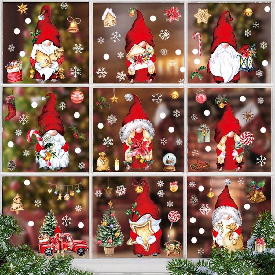 9 tờ/bộ miếng dán cửa sổ hình chú lùn Giáng sinh màu đỏ, miếng dán tường hoạt hình bông tuyết bằng PVC để trang trí tủ lạnh - Nhiều màu - Xem 1