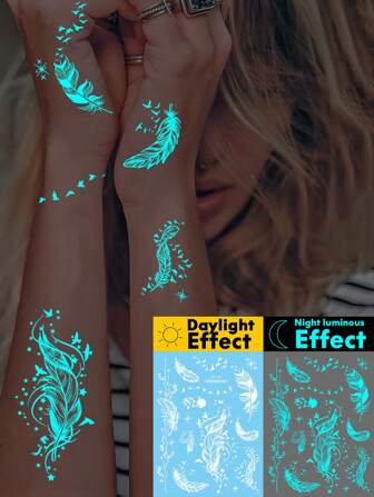 1 Sheets Large Size Blue Luminous And White Ink Glow In The Dark Originality Body Art Temporary Tattoo Stickers, Glitter Flying Bird Starry Sky Feathers Pattern,Waterproof Fake Tattoo, Lasts 2-5 Days, Covering Scars,Can Be Used On Arms Wrist Shoulders Legs Waist Neck Hand Chest Thighs Finger,Party Birthday Surprise Gift