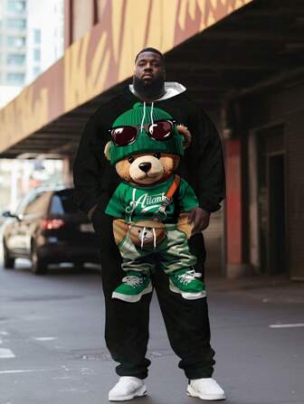 Men Plus Size 3D Cartoon Bear Print Hoodie Sweatshirt And Drawstring Pants Set, Front And Back Graphic, Pocket, Pullover Outfit, Cozy Outfits, Fall Clothes