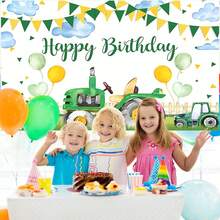 1 件农用拖拉机生日派对装饰背景横幅，各种尺寸（210 * 150/150 * 100/100 * 75CM）绿草气球彩色旗帜云朵摄影背景生日快乐派对装饰摄影工作室道具蛋糕桌横幅 - 彩色 - 查看 3
