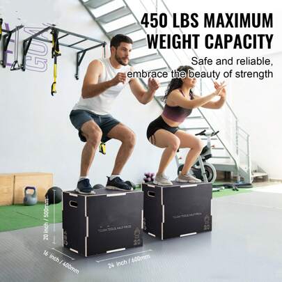 3-In-1 Plyometric Jump Box – 24/20/16 Inch Wooden Platform & Jumping Agility Box, Anti-Slip Fitness Exercise Step-Up Box For Home Gym, Conditioning, And Strength Training, Black