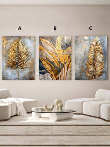 3pcs Golden Leaf And Feather Art Painting - Modern/Classic Style, Golden Color, Leaf Pattern, Ink On Canvas, Wood Frame, For Bedroom/Living Room/Home Office/Cafe/Bar, Indoor/Outdoor Wall Decoration, Vertical Orientation, Suitable For Summer/Autumn Season, Fashion Theme,Framed Poster/Art Print, Gifts Birthday Graduation