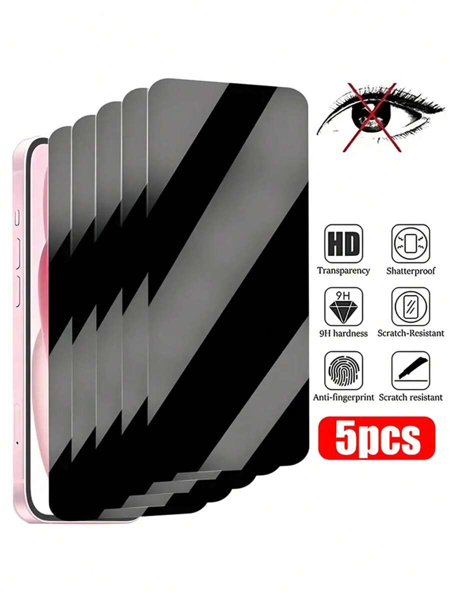 5 miếng dán màn hình kính cường lực tương thích với iPhone 11/12/13/14/15/16 Pro Max - Màn hình riêng tư bóng, độ phân giải cao, chống trầy xước, chống dấu vân tay, độ cứng 9H, phủ toàn bộ - màu đen - Xem 1