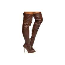 Bota de tacón de aguja de suela única hasta el muslo de punta puntiaguda - Negro - Ver 4