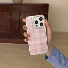 Silver Frame Resin Coated Checkered Pattern Phone Case Compatible With Iphone 16 Pro Max/15 Pro Max/14 Pro/13 - Pink - View 1