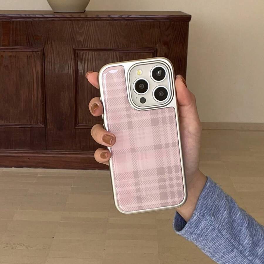 Silver Frame Resin Coated Checkered Pattern Phone Case Compatible With Iphone 16 Pro Max/15 Pro Max/14 Pro/13 - Pink - View 1